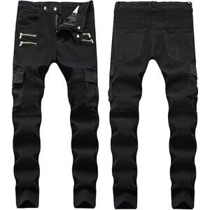 NWT ~ Men's Sexy Rippled Multiple Zipper Distressed Black Denim Jeans ~ Size 40